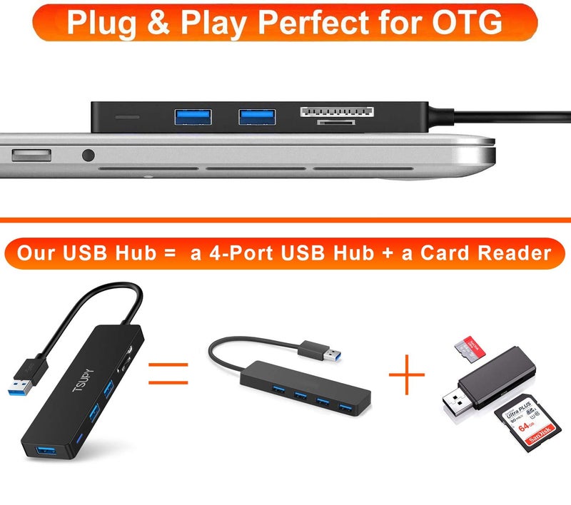 TSUPY USB Hub 3.0, TSUPY 5 in 1 Multiport Adapter USB 3.0 Hub with SD Micro SD Card Reader, 3 USB 3.0 Ports Compatible for Laptop, MacBook, PC, Printer,Surface Pro, USB Flash Drives - Image 2
